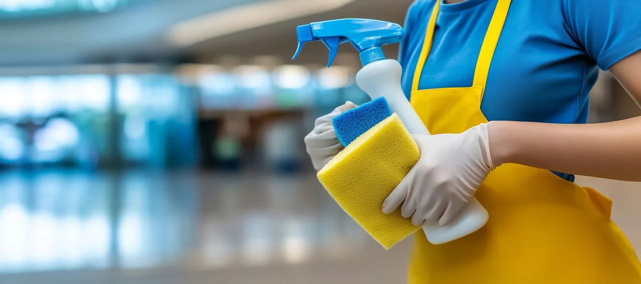 Profesional de limpieza con guantes y atomizador lista para limpiar oficinas en Orlando