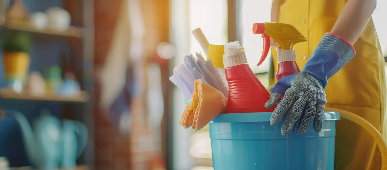 Cleaning professional in a yellow uniform holding a bucket of supplies for home and office cleaning in Orlando