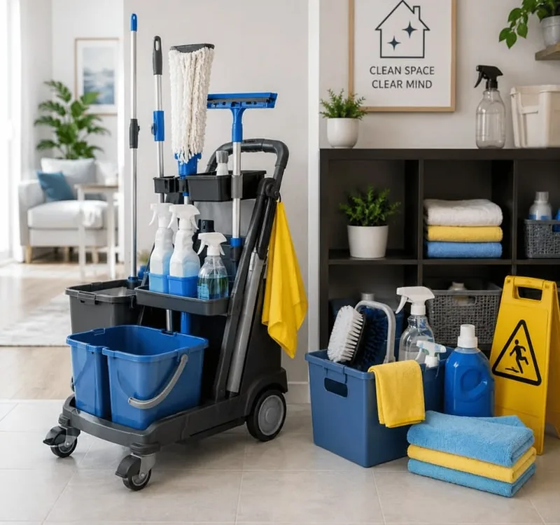 Professional cleaning cart with mop, buckets, spray bottles and cloths in a bright home in Orlando