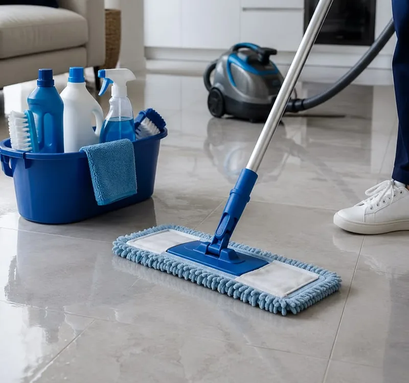 Cleaning professional mopping a tile floor next to a bucket of supplies and a vacuum in a home in Orlando