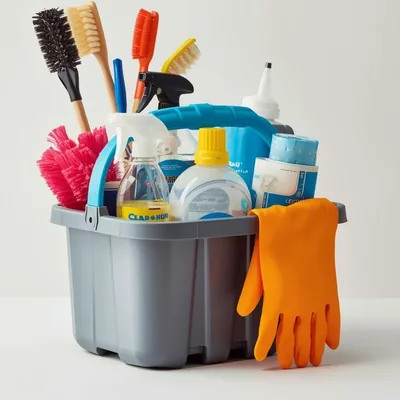 Grey bucket with brushes, spray bottles, gloves and products for cleaning kitchens, bathrooms and floors