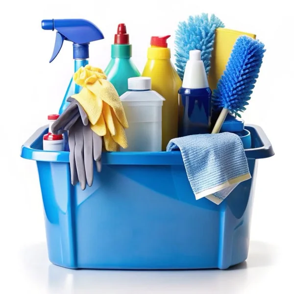 Blue bucket with cleaning products, gloves and cloths for house and office cleaning in Orlando