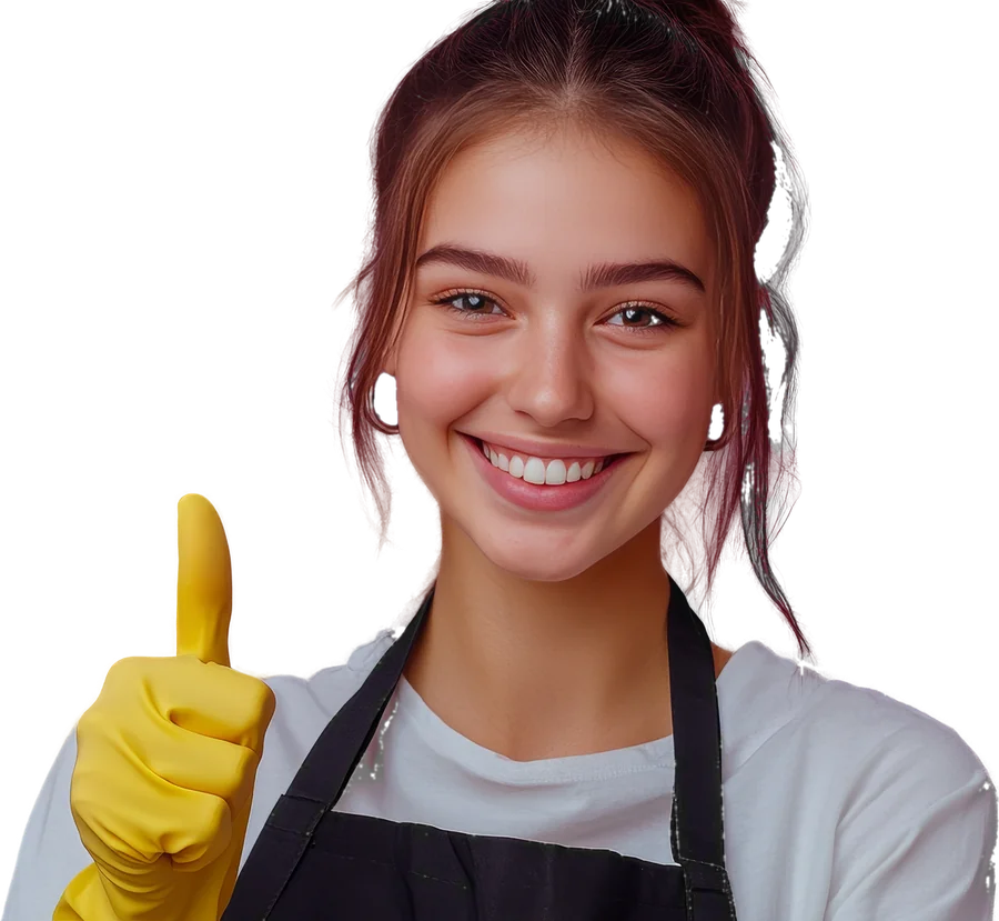 Smiling cleaning professional in a black apron and yellow gloves giving a thumbs up