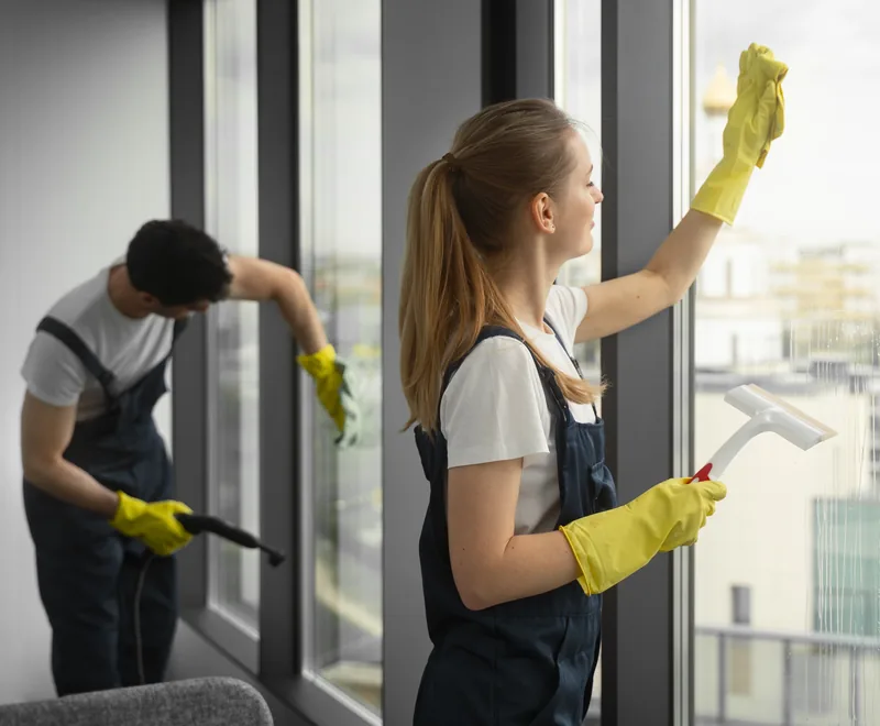 Two cleaning professionals in yellow gloves cleaning the windows of a property in Orlando