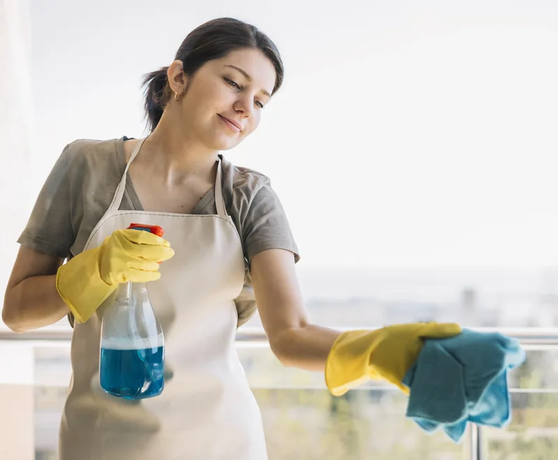 Smiling cleaning professional in yellow gloves with a spray bottle cleaning a home in Orlando